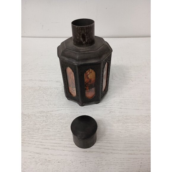 Antique 19th Century Chinese Pewter Tea Caddy Octagonal Painted Glass Panels - Picture 4 of 10